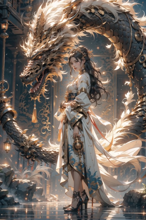 (best quality), (masterpiece), extremely detailed, Amazing, finely detail, official art, ultra-detailed, highres, beautiful detailed girl, light on face, hanfu, a girl  standing in front of a dragon, long, dragon, (floating hair), (mechanical mecha), water, waves, machinery, taoist, yuhuoshu,yuzu,high heel,1 girl