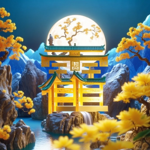  best quality,Scenery, Jade, Altar,sapphire,mountains, Chinese architecture, pavilions, trees, pagodas, golden outline,C4D,8K, high detailed,moon