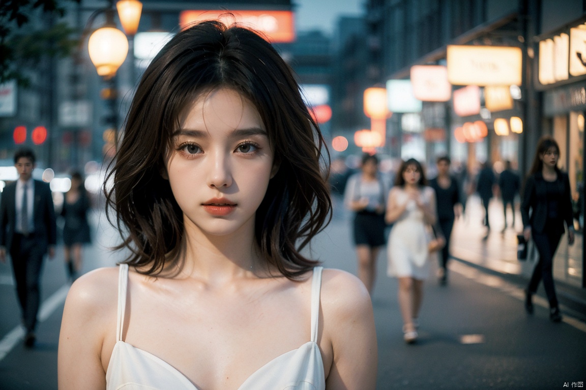  ((Realistic lighting, Best quality, 8K, Masterpiece: 1.3)), Focus: 1.2, 1girl, Perfect Figure: 1.4, Slim Abs: 1.1, ((Dark brown hair)), (White dress: 1.4), (Outdoor, Night: 1.1), City streets, Super fine face, Fine eyes, Double eyelids,

