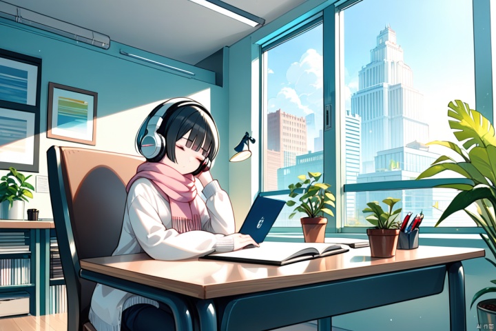 1girl, solo, short hair, bangs, black hair, long sleeves, sitting, closed eyes, sky, day, indoors, scarf, book, window, headphones, chair,  sleeping, plant, building, desk, city, pen, potted plant, lamp, computer, pencil, laptop, pink scarf