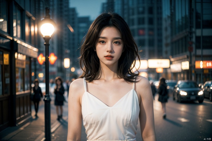  ((Realistic lighting, Best quality, 8K, Masterpiece: 1.3)), Focus: 1.2, 1girl, Perfect Figure: 1.4, Slim Abs: 1.1, ((Dark brown hair)), (White dress: 1.4), (Outdoor, Night: 1.1), City streets, Super fine face, Fine eyes, Double eyelids,

