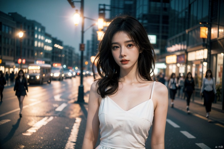  ((Realistic lighting, Best quality, 8K, Masterpiece: 1.3)), Focus: 1.2, 1girl, Perfect Figure: 1.4, Slim Abs: 1.1, ((Dark brown hair)), (White dress: 1.4), (Outdoor, Night: 1.1), City streets, Super fine face, Fine eyes, Double eyelids,

