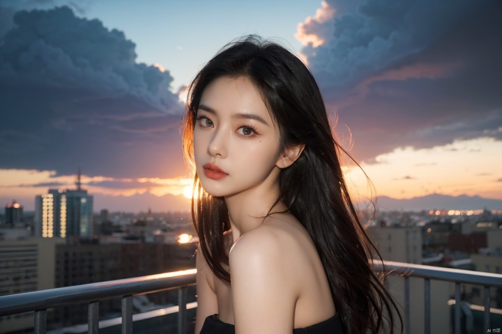  NSFW,Frontal photography,Look front,evening,dark clouds,the setting sun,On the city rooftop,A 20 year old female,Black top,Black Leggings,black hair,long hair, dark theme, muted tones, pastel colors, high contrast, (natural skin texture, A dim light, high clarity) ((sky background))((Facial highlights)),Strapless,