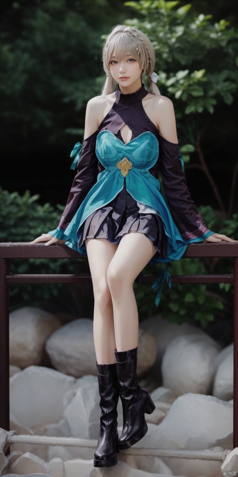  QQ,1girl,solo,hair ornament,looking at viewer,blurry background,twintails,bare shoulders,long hair,cosplay,hairclip,detached sleeves,realistic,grey eyes,bangs,outdoors,halterneck,sleeveless,
long sleeves,low twintails,hair between eyes,ribbon,collarbone,
socks,dress,skirt,depth of field,grey hair,tree,
black footwear,boots,high heel boots,miniskirt,pleated skirt,blue skirt,
braid,clothing cutout,(sitting:1.3),, (raw photo:1.2),((photorealistic:1.4))best quality,masterpiece,illustration,an extremely delicate and beautiful,extremely detailed,CG,unity,8k wallpaper,Amazing,finely detail,masterpiece,best quality,official art,extremely detailed CG unity 8k wallpaper,absurdres,incredibly absurdres,huge filesize,ultra-detailed,highres,extremely detailed,beautiful detailed girl,cinematic lighting,1girl,pale skin,tall female,(perfect body shape),skinny body,Slender legs,, pale skin,tall man,long legs,thin leg,