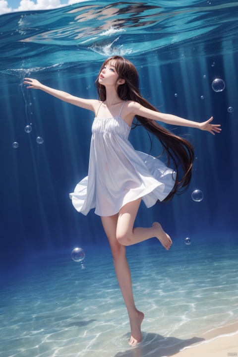 (masterpiece), (best quality), illustration, ultra detailed, hdr, Depth of field, (colorful), loli,wide shot, (solo:1.3), dramatic angle, 1girl, swimming, loli, (long hair:1.2), solo, expressionless, blue eyes, looking_up, shoulder strap dress, floating hair, floating clothes, god rays, bubble, barefoot, (full body:1.2), outstretched arm, , perfect hands