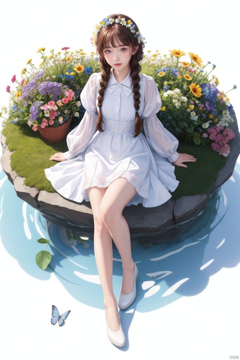 (masterpiece), (best quality), illustration, ultra detailed, hdr, Depth of field, (colorful), 1girl, loli,white background, from above, plant, dress flip, no shoes, feet, braid, border, white pantyhose, head lift, liquid, wet, blue butterfly, flowers, full body,