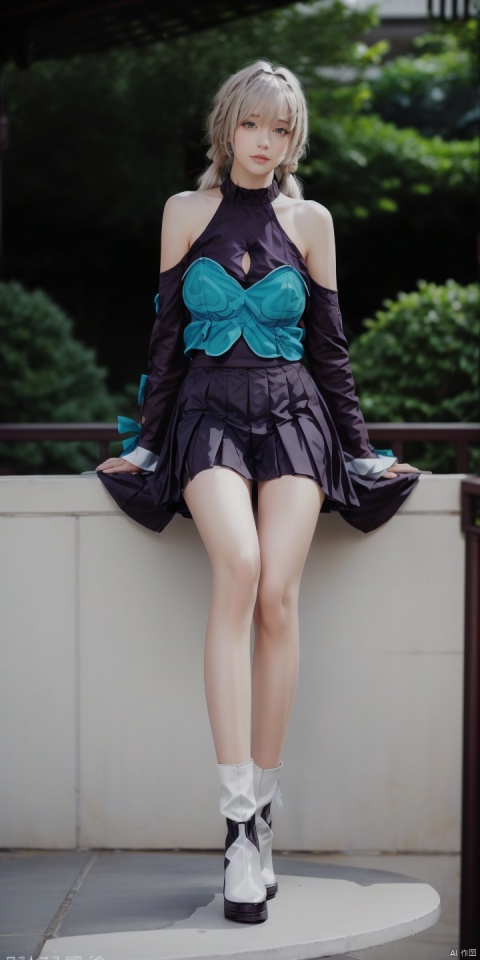  QQ,1girl,solo,hair ornament,looking at viewer,blurry background,twintails,bare shoulders,long hair,cosplay,hairclip,detached sleeves,realistic,grey eyes,bangs,outdoors,halterneck,sleeveless,
long sleeves,low twintails,hair between eyes,ribbon,collarbone,
socks,dress,skirt,depth of field,grey hair,tree,
black footwear,boots,high heel boots,miniskirt,pleated skirt,blue skirt,
braid,clothing cutout,(sitting:1.3),, (raw photo:1.2),((photorealistic:1.4))best quality,masterpiece,illustration,an extremely delicate and beautiful,extremely detailed,CG,unity,8k wallpaper,Amazing,finely detail,masterpiece,best quality,official art,extremely detailed CG unity 8k wallpaper,absurdres,incredibly absurdres,huge filesize,ultra-detailed,highres,extremely detailed,beautiful detailed girl,cinematic lighting,1girl,pale skin,tall female,(perfect body shape),skinny body,Slender legs,, pale skin,tall man,long legs,thin leg,