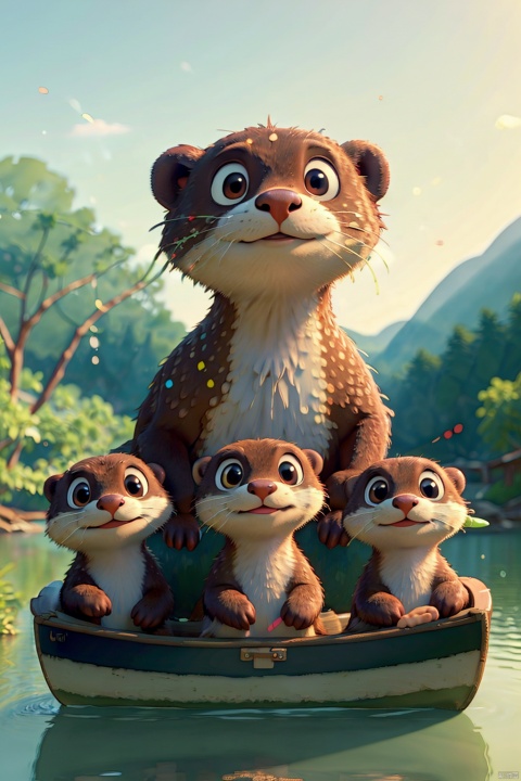 (Best Quality, 8k, 32k, Masterpiece, UHD:1.3), group of cute otters wearing a life vest and taking selfie together, one otter is holding the phone and all otters are looking up, all sitting in a canoe, all looking at camera, river background, day, volumetric lighting, realistic