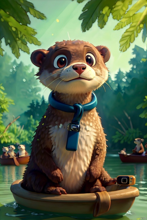 (Best Quality, 8k, 32k, Masterpiece, UHD:1.3), group of cute otters wearing a life vest and taking selfie together, one otter is holding the phone and all otters are looking up, all sitting in a canoe, all looking at camera, river background, day, volumetric lighting, realistic