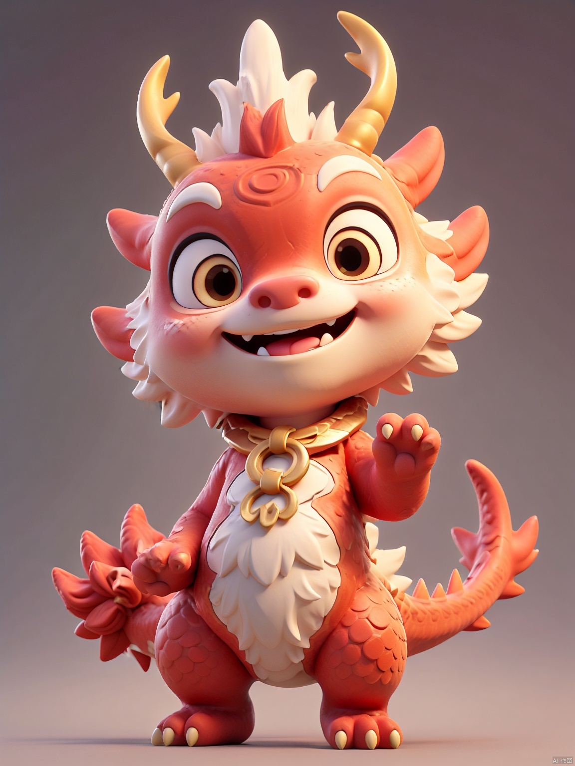  A cute IP cartoon Chinese dragon, antlers, two hands,Pink dragon scales, standing, anthropomorphic, big eyes, bright light, beautiful light, cute, surreal,3D, C4D, octane render, clean background,Cute, festive, and festive for the Chinese New Year,With red color background, little girl, beauty\(changjing\), wmchahua, 3D,迪士尼, HTTP