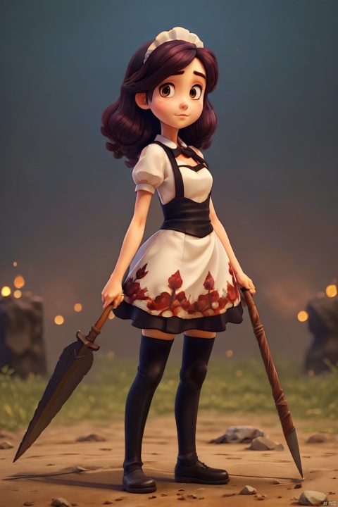 (Masterpiece,Best Quality), A realistic anime girl in a maid dress with coal-colored hair, striking a battle pose with a spear, inviting viewers to look closely at the high-resolution illustration, Fantasy, magical vibes, sci-fi mood, sparks, DoF, bokeh, sharp focus, dofas