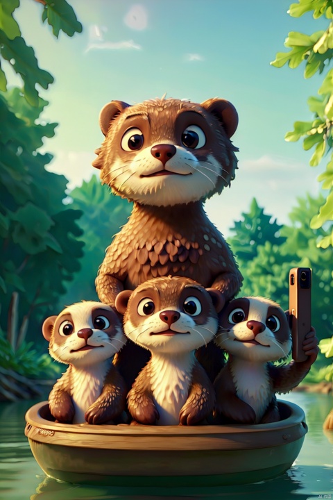 (Best Quality, 8k, 32k, Masterpiece, UHD:1.3), group of cute otters wearing a life vest and taking selfie together, one otter is holding the phone and all otters are looking up, all sitting in a canoe, all looking at camera, river background, day, volumetric lighting, realistic