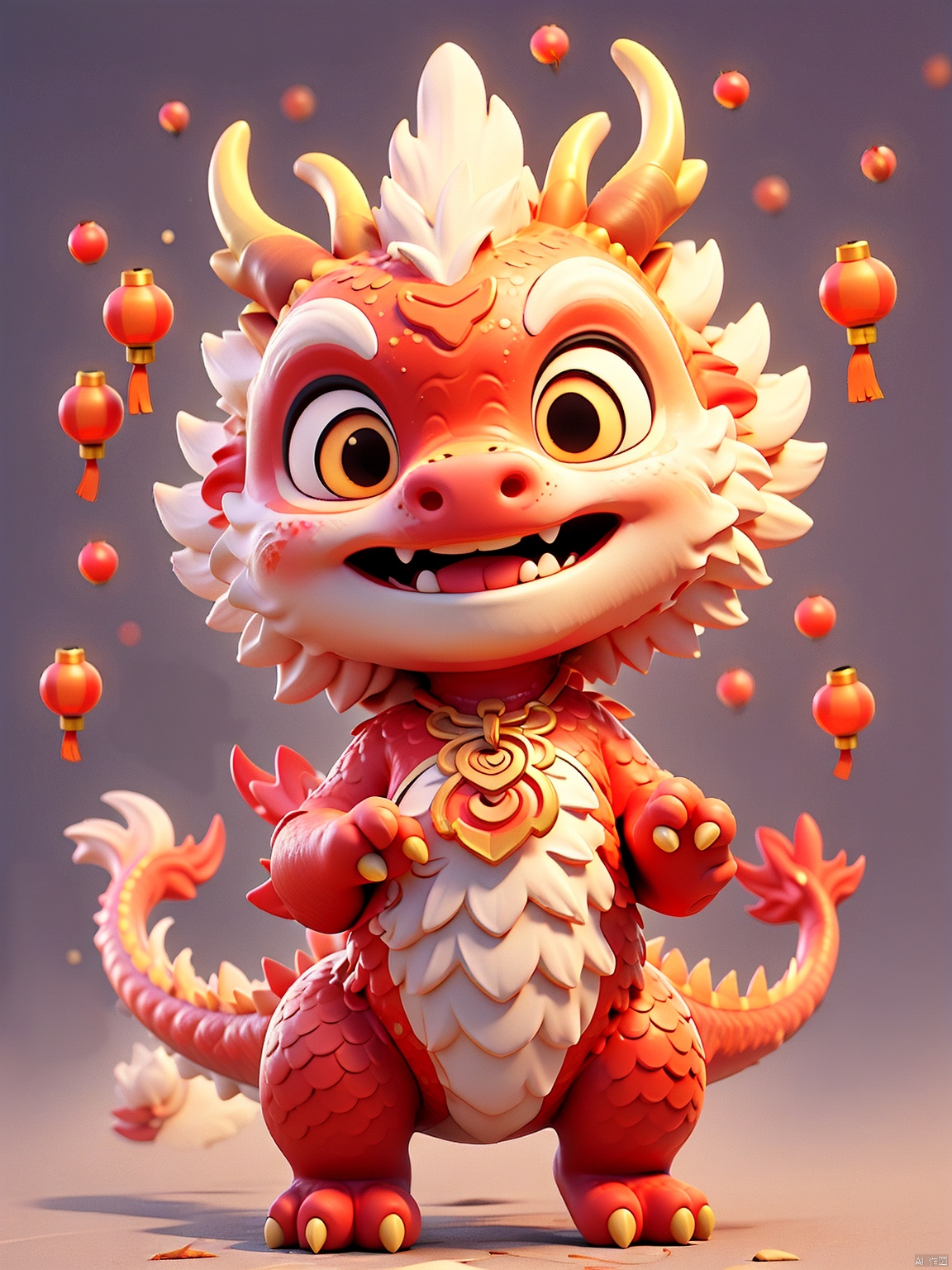  A cute IP cartoon Chinese dragon, antlers, two hands,Pink dragon scales, standing, anthropomorphic, big eyes, bright light, beautiful light, cute, surreal,3D, C4D, octane render, clean background,Cute, festive, and festive for the Chinese New Year,With red color background, little girl, beauty\(changjing\), wmchahua, 3D,迪士尼, HTTP, chubby, (\long wang ga ma\), chinese new year