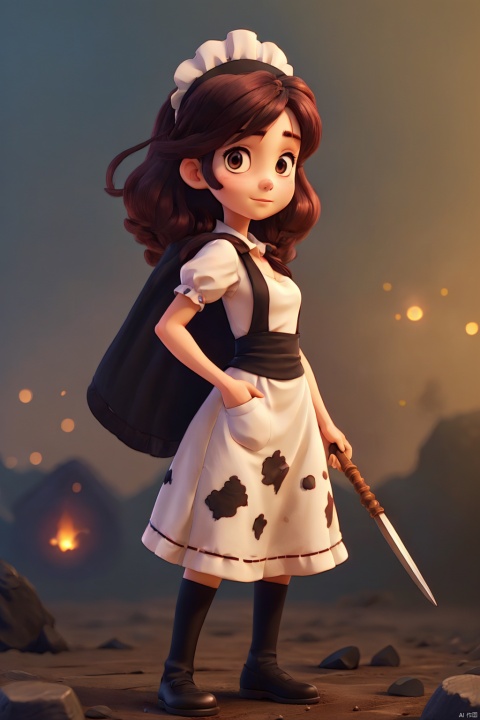 (Masterpiece,Best Quality), A realistic anime girl in a maid dress with coal-colored hair, striking a battle pose with a spear, inviting viewers to look closely at the high-resolution illustration, Fantasy, magical vibes, sci-fi mood, sparks, DoF, bokeh, sharp focus, dofas