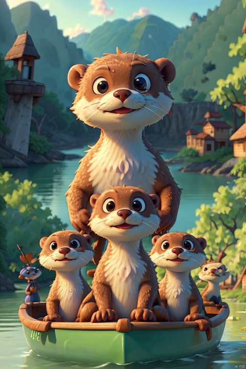 (Best Quality, 8k, 32k, Masterpiece, UHD:1.3), group of cute otters wearing a life vest and taking selfie together, one otter is holding the phone and all otters are looking up, all sitting in a canoe, all looking at camera, river background, day, volumetric lighting, realistic