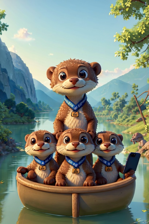 (Best Quality, 8k, 32k, Masterpiece, UHD:1.3), group of cute otters wearing a life vest and taking selfie together, one otter is holding the phone and all otters are looking up, all sitting in a canoe, all looking at camera, river background, day, volumetric lighting, realistic