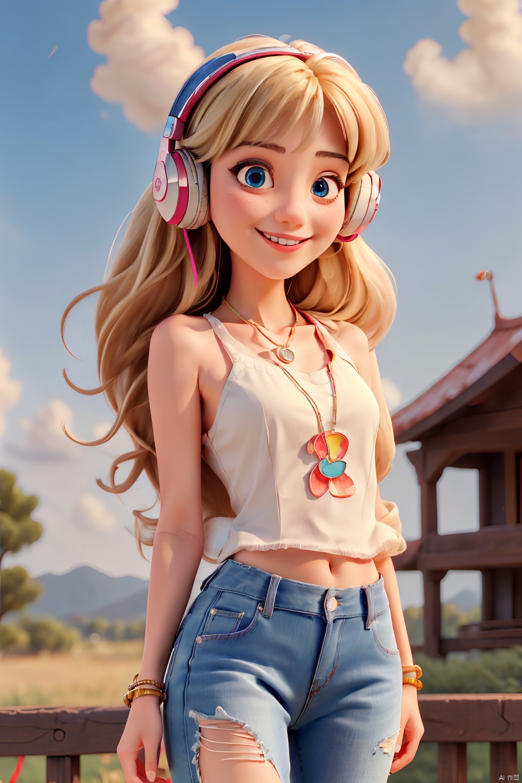  (best quality),((masterpiece)),(highres),illustration,original,extremely detailed,hkgirl,1girl,solo,smile,happy smile,long_hair,looking_at_viewer,bangs,blue_eyes,blonde_hair,bare_shoulders,jewelry,closed_mouth,collarbone,White top,Jeans,outdoors,sky,sleeveless,necklace,bracelet,lips,parted_bangs,sash,covered_navel,headphones,