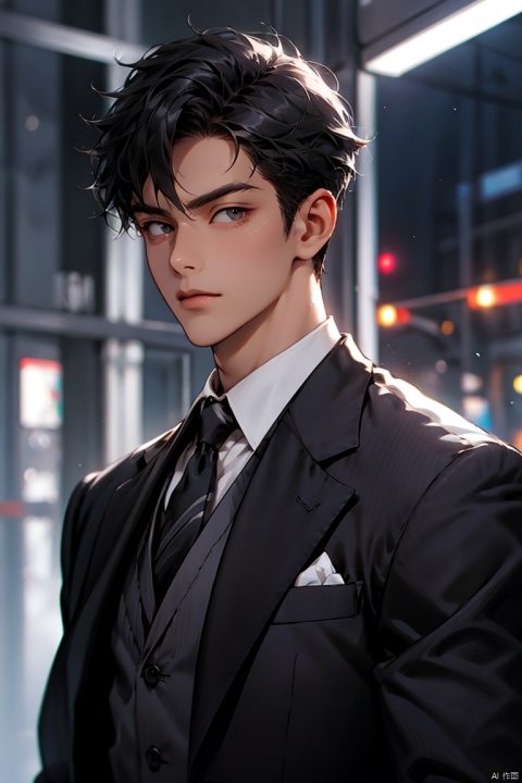  solo, looking at viewer, black hair,upper body, male focus,formal, suit,muscular