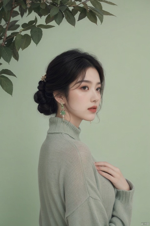  1girl, solo, looking at viewer, bangs, black hair, brown eyes, jewelry, closed mouth, upper body, earrings, medium hair, from side, sweater, lips, makeup, leaf, plant, green background, green theme, green sweater, realistic, Chinese style