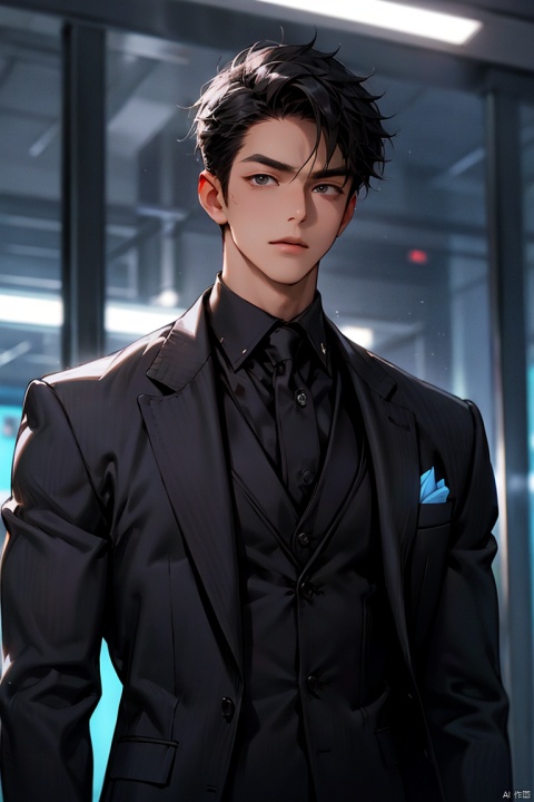 solo, looking at viewer, black hair,upper body, male focus,formal, suit,muscular