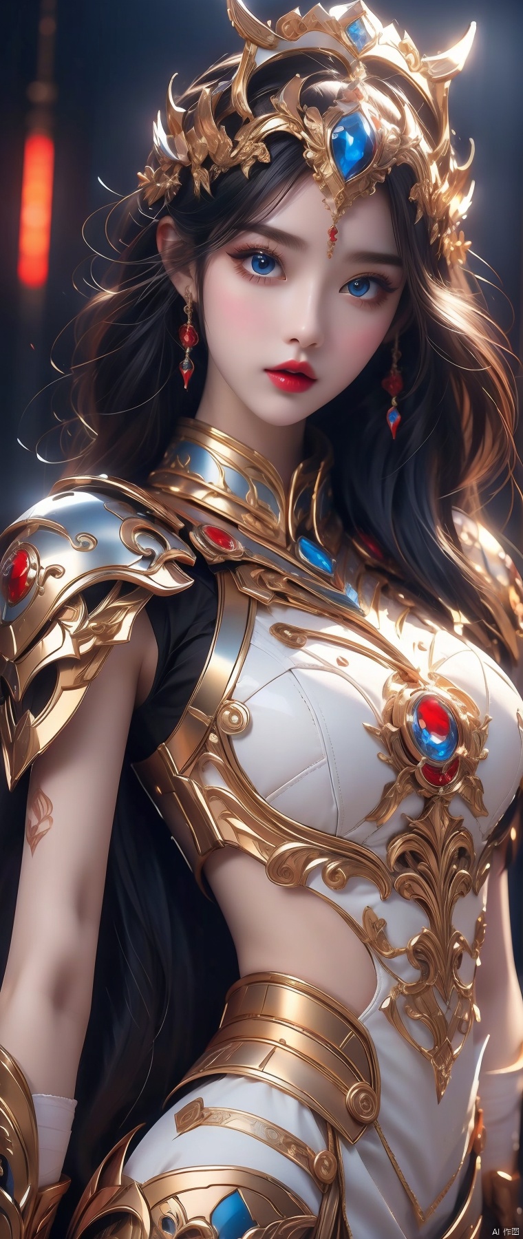  4k, office art,1girl with white armor,decorated with complex patterns and exquisite lines, k-pop, blue eyes, dark red lips,