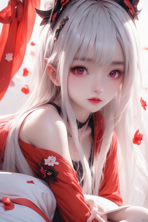  1girl, red eyes, white long translucent night gown, expressionless, (white hair), hair cover one eye, long hair, red hair flower, kneeling on lake, blood, (plenty of red petals:1.35), (white background:1.5), dofas, xiaoyixian