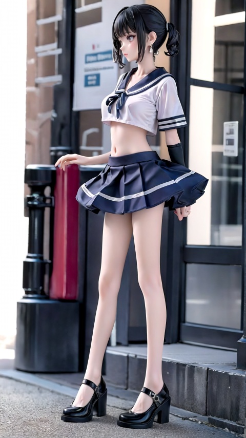  1girl,((full body)), (long legs), earrings,standing,high heels,,city,street, hair stick,vivid,colorful, bare belly,minisailor, bowknot socks,white