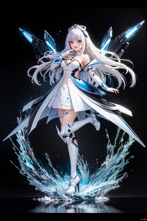  tianqijijijia, girl, long hair, blue eyes, open mouth, gloves, smile, looking at viewer, bangs, full body, mecha musume, dress, high heels, white hair, boots, bare shoulders, white dress, floating hair, high heel boots, thigh boots,