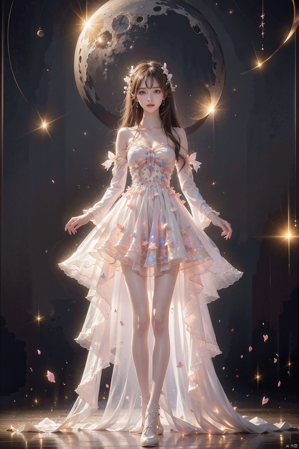  1 girl, Aurora, Bangs, bare shoulders, black shoes, white stockings, blue eyes, boots, bow, chest, (gradual change) , cherry blossoms, City Lights, shut up, clouds, sleeves, clothes, falling flowers, flowers, full moon, (white top hat) , bow, knees, long hair, long sleeves, looking at audience, medium chest, galaxy, Moon, night sky, outdoors, petals, pink flowers, pink roses, railings, roses, rose petals, Meteor, sky, Solo, space, standing, Star (Sky) , star, star print, thigh, long hair, white skirt, white flower, white headdress, blackpantyhose, yifu, hand101, dress, miniJK, xuancaiqun, ((poakl)),kneel