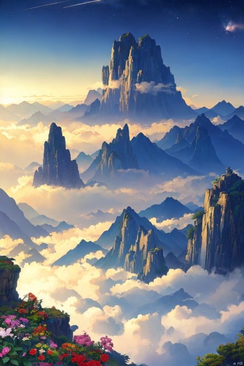 Masterpiece, best quality, mountain, waterfall, Lushan, flying down three thousand feet, suspected is the Milky Way fell nine days, mountains, rocks, flowers, clouds, fog,,,