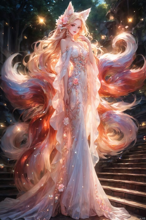  1girl,solo,long hair,breasts,looking at viewer,blonde hair,hair ornament,dress,animal ears,cleavage,bare shoulders,jewelry,medium breasts,closed mouth,standing,tail,flower,cowboy shot,earrings,detached sleeves,hand up,hair flower,white dress,lips,see-through,fox ears,sparkle,strapless,fox tail,facial mark,fox girl,multiple tails,strapless dress,stairs, duobaansheying