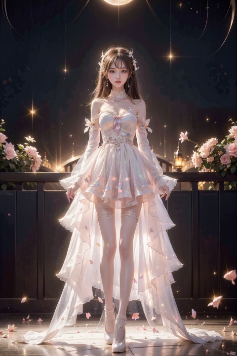  1 girl, Aurora, Bangs, bare shoulders, black shoes, white stockings, blue eyes, boots, bow, chest, (gradual change) , cherry blossoms, City Lights, shut up, clouds, sleeves, clothes, falling flowers, flowers, full moon, (white top hat) , bow, knees, long hair, long sleeves, looking at audience, medium chest, galaxy, Moon, night sky, outdoors, petals, pink flowers, pink roses, railings, roses, rose petals, Meteor, sky, Solo, space, standing, Star (Sky) , star, star print, thigh, long hair, white skirt, white flower, white headdress, blackpantyhose, yifu, hand101, dress, miniJK, xuancaiqun, ((poakl)),kneel