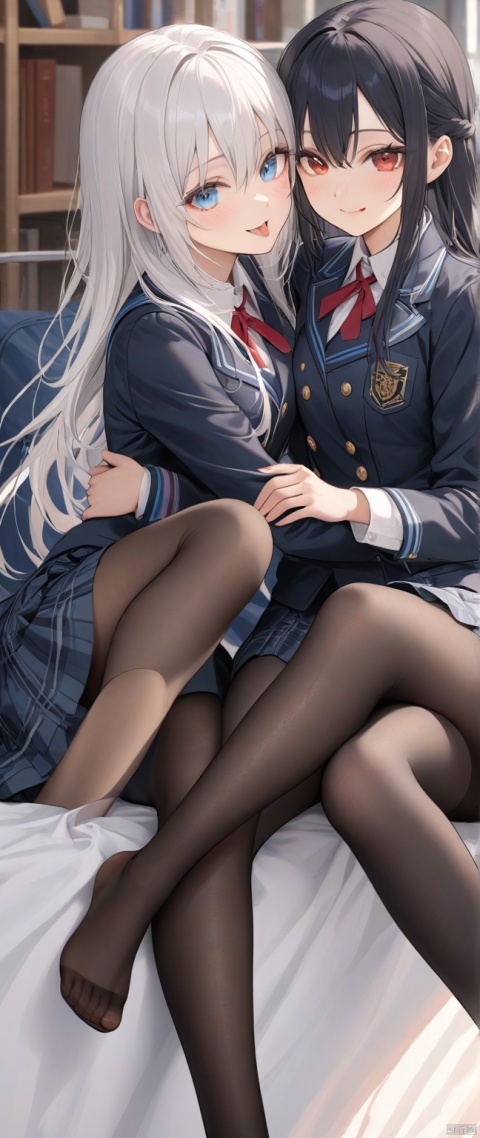  the best quality, masterpiece, super details, fine fabrics, high detail skin, finely detailed eyes and detailed face,smooth skin,extremely fine and detailed,Perfect details, high resolution, the whole body,White hair and red eyes,blue eyes,Black long hair,breast,hug,2girls,Bare leg,toes,black Pantyhose,school uniform,smile,stick out your tongue,sitting
