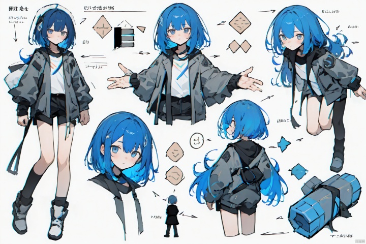  girl, multi-view, hair, Pure color background, different movements, Diagram, word,Multi-view,Colored hair, character designs, original characters,a complex design,Half body,The whole body