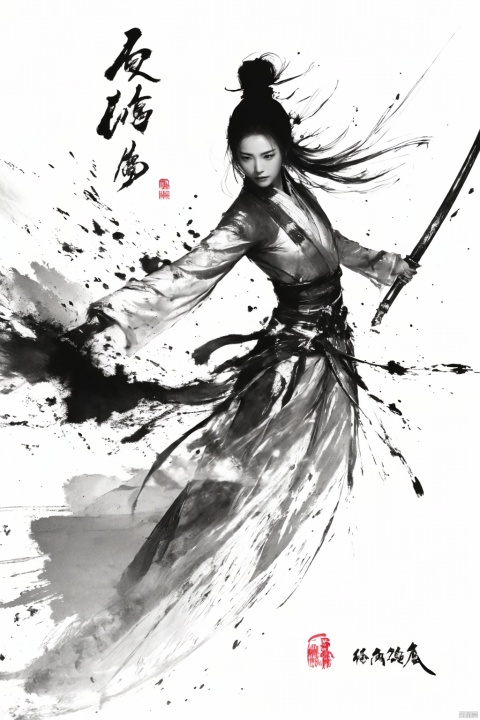  a girl, smwuxia,chinese text,blood, weapon:sw,blood splatter,motion blur,text,fdjz, Ink scattering_Chinese style