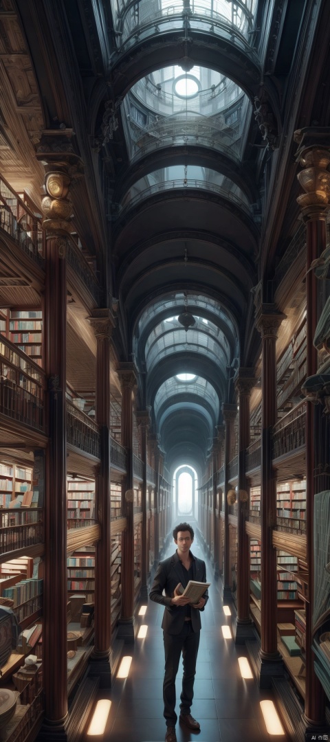  arafed image of a man standing in a library with books, endless books, borne space library artwork, books cave, fantasy book illustration, spiral shelves full of books, infinite celestial library, an eternal library, gothic epic library concept, magic library, japanese sci - fi books art, beeple and jean giraud, books all over the place