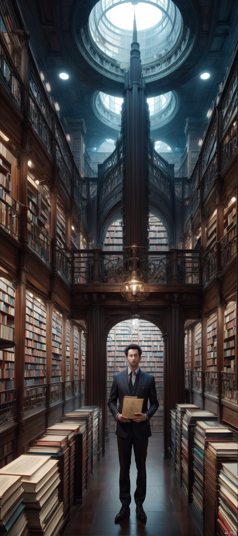  arafed image of a man standing in a library with books, endless books, borne space library artwork, books cave, fantasy book illustration, spiral shelves full of books, infinite celestial library, an eternal library, gothic epic library concept, magic library, japanese sci - fi books art, beeple and jean giraud, books all over the place