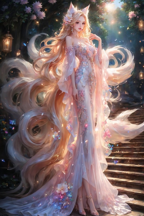  1girl,solo,long hair,breasts,looking at viewer,blonde hair,hair ornament,dress,animal ears,cleavage,bare shoulders,jewelry,medium breasts,closed mouth,standing,tail,flower,cowboy shot,earrings,detached sleeves,hand up,hair flower,white dress,lips,see-through,fox ears,sparkle,strapless,fox tail,facial mark,fox girl,multiple tails,strapless dress,stairs, duobaansheying