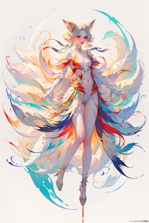  (masterpiece, top quality, best quality, official art, beautiful and aesthetic: 1.2), (1 girl), (full body: 1.3), extreme detailed, (fractal art: 1.3), colorful, break, highest detailed, Red, break, White, break, Yellow, break, Chest, Abdomen, Nine-tailed fox, (whole body: 1.5), WaHaa, bpwc, meiren-red lips