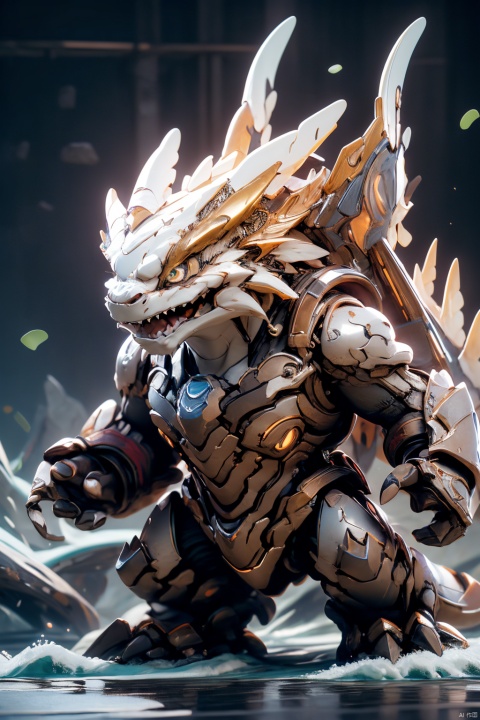 Jaeger, King of the seas, glowing white eyes, bluish-white skin, muscular build, muscular limbs, weapons in hand, perfect body proportions, golden body proportions, commanding the waves, full body portrait, like bright volume lighting, beautiful detailed rendering of 8K octane, post-processing, full body, extremely detailed, complex, epic composition, cinematic lighting, masterpiece, very, very detailed, masterpiece, stunning detailed matte paintings, dark colors, fantasy, intricate details, splash screen, complementary colors, fantasy concept art, 8K resolution trends in the Art Station Illusion Engine 5, Chinese dragon, low-poly style, panoramic shots