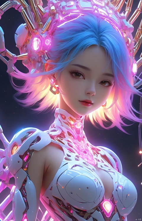  1girl,cute face,long hair,Abdomen, navel,frilly hairstyle,8k,ultra-detailed,highres,(best quality, masterpiece:1.2),(deformad neon light:1.3),soft particles of fractal fire,volumetric lighting,colorful,((extreme details)),glow,Navel, thighs,impossible figures,paradoxical art,paradox,impossible geometry,hypercube,Beautiful Psychedelic Trippy White Intricate Detailed Elaborate,solo,,(machine made joints:1.4),((machanical limbs)),(explosed muscles),(blood vessels connected to tubes),((mechanical cervial attaching to neck)),,expressionless,small breasts,short hair,science fiction,