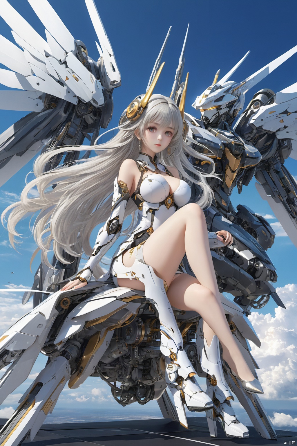  ((masterpiece)), ((best quality)), ((illustration)), extremely detailed,1 girl,mecha clothes,, big breasts,Dark white very_long_hair, scifi hair ornaments, beautiful detailed deep eyes, beautiful detailed sky, cinematic lighting, wind,Mechanical wings,Squatting and sitting