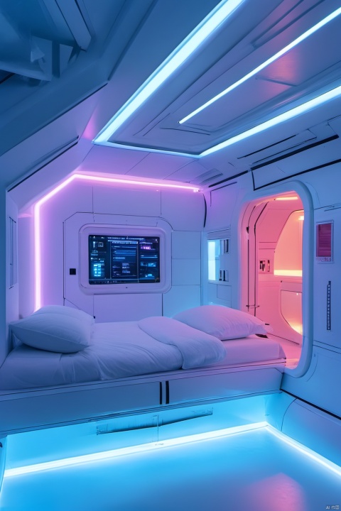  room,neon lights, bed, pillow, YZLS