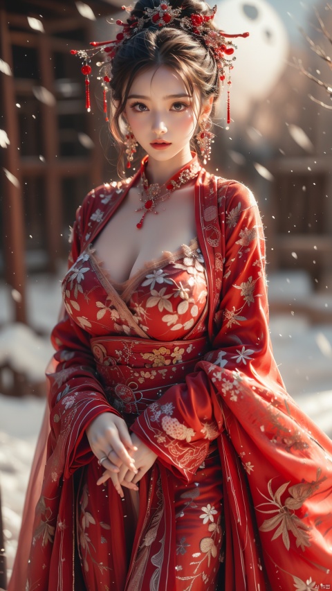  best quality,ultra high res,professional photography,sharp focus,resolution,sophisticated detail,depth of field,photorealistic,realistic,(full_shot),(Show whole body),
full moon,A huge moon,another moon shadow behind the moon,scarlet_moon,moonlight,in winter,snowflakes,
(succubus:1.4),a girl,silver hair,white hair,with long silver hair,natural skin texture,her skin glows in the moonlight,looking at the audience,powder blusher,purple eyes,heart-shaped_pupils,a straight chest,huge breasts,snake waist,big eyes,
hydress