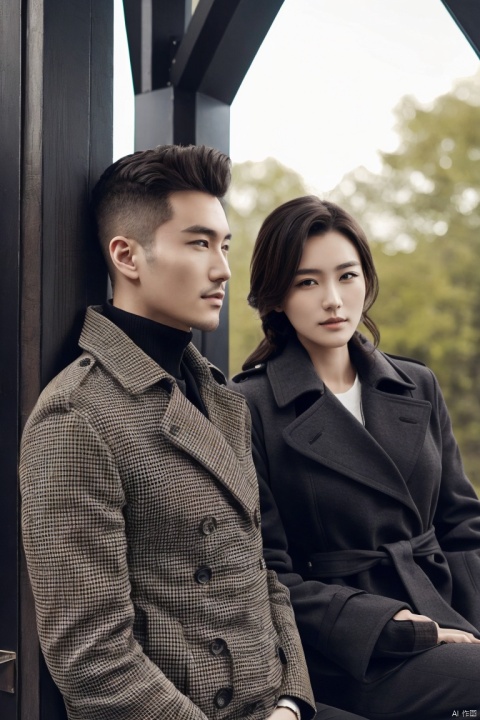  2persons\(1man and 1girl\),fashion model,asian,Charming eyes,exquisite facial features,Natural light,indoros,portrait, (masterpiece, realistic, best quality, highly detailed, profession), 
BREAK
1man is wearing jacket,jzns
BREAK
1girl is wearing coat,plns,