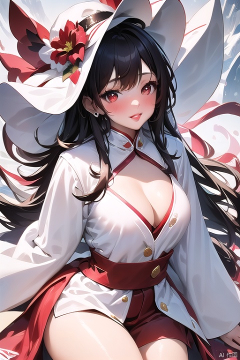  1girl, (open white long coat), cleavage, (white Christmas hat), (long hair fluttering), snow, Half body,(red lips: 1.3), snow-white neck, sunshine,all fours, ( figma:0.8), 1girl