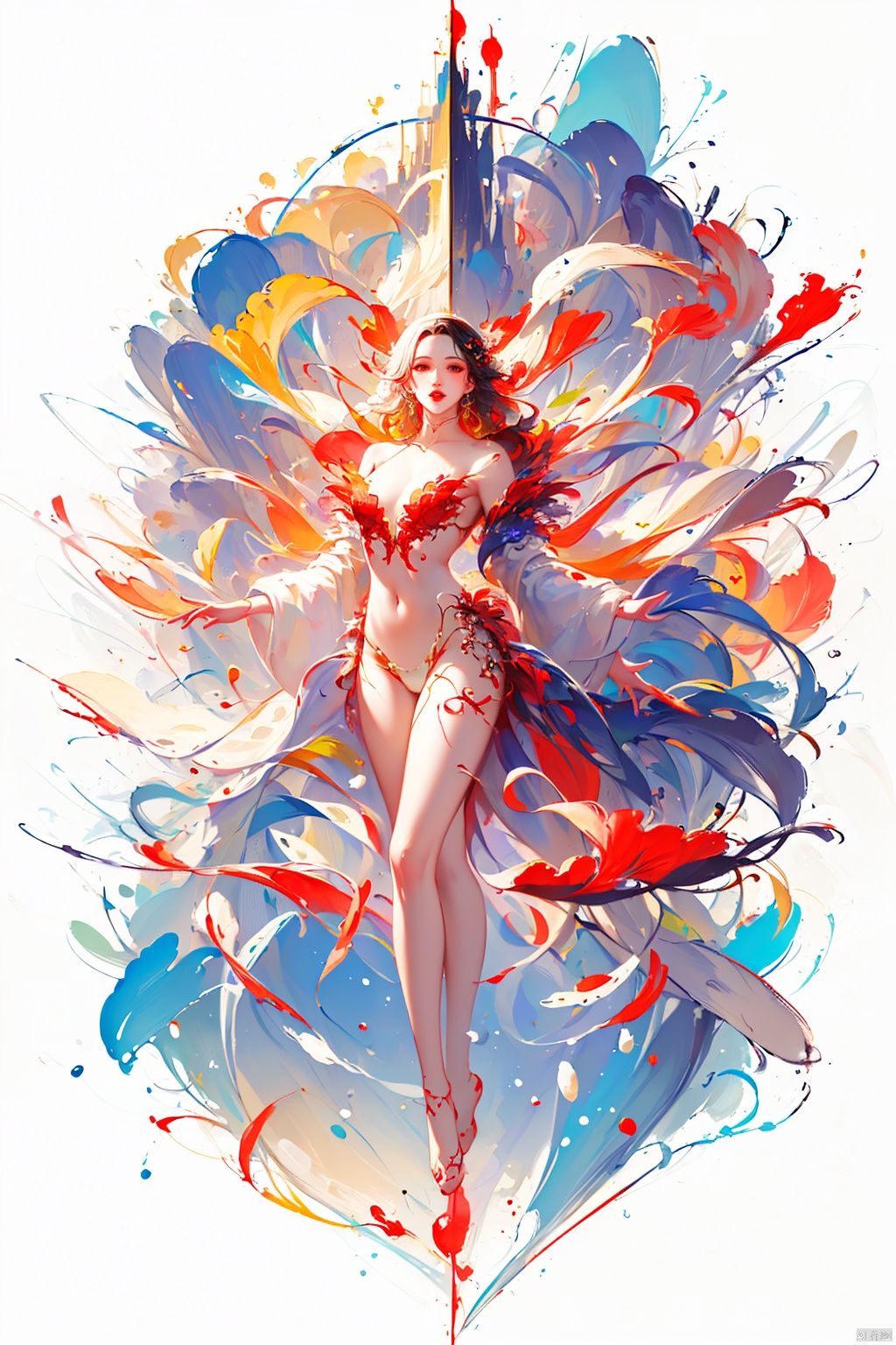  (masterpiece, top quality, best quality, official art, beautiful and aesthetic: 1.2), (1 girl), (full body: 1.3), extreme detailed, (fractal art: 1.3), colorful, break, highest detailed, Red, break, White, break, Yellow, break, Chest, Abdomen, Nine-tailed fox, (whole body: 1.5), WaHaa, bpwc, meiren-red lips, Ink scattering_Chinese style