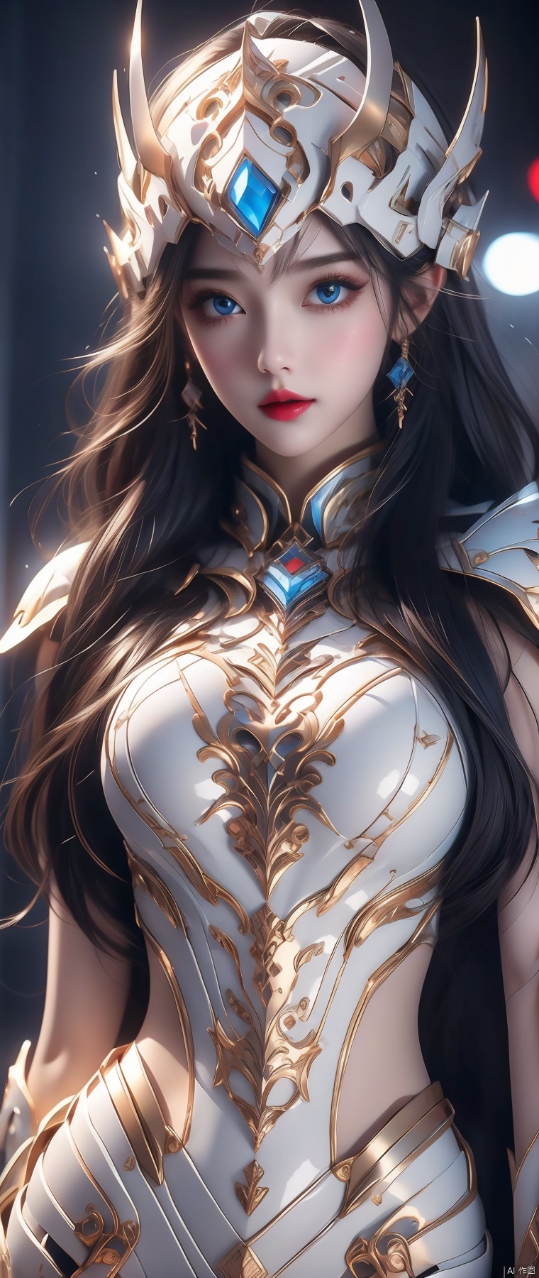  4k, office art,1girl with white armor,decorated with complex patterns and exquisite lines, k-pop, blue eyes, dark red lips,