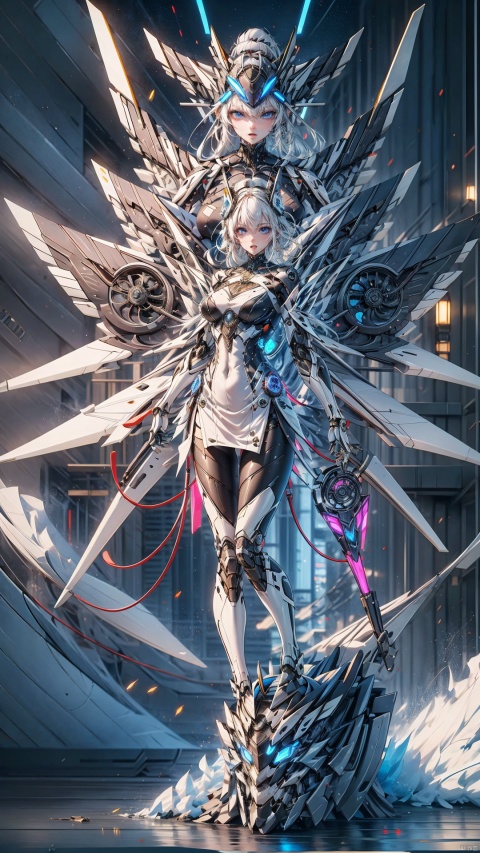  (cyberpunk),Maintenance workshop,luminous,in dark room,dynamic pose,posing, rgblights,night,lights,mechanical wings,wings,mechanical wings with fans,1girl,solo,blue eyes,mecha musume,dress,white hair,,hair ornament,mechanical luminous earphones,mechanical helmet,Volumetric Lighting,rim light,bright,Metal wings with ornate stripes,floating hair,Gorgeous battle scenes, light effects, Tianqi Ji, tianq