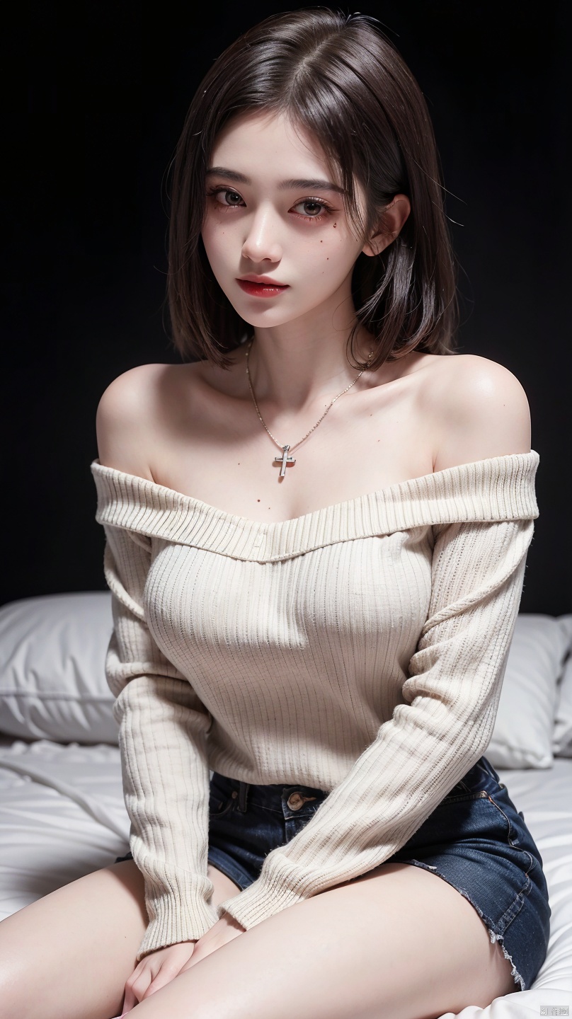  (short hair woman)、(off-the-shoulder sweater、Oversized sweater)、(Hidden Shorts)、(cross-legs sitting、Hands lying on thighs)、on the beds、large full breasts、Deep valley、top-quality、​masterpiece、illustratio、extremely delicate and beautiful、highlydetailed skin、CG、Unity、8k wallpaper、astonishing、finely detail、Highly detailed CG Unity 8k wallpapers、huge filesize、hight resolution、Handsome detailed woman、extremely detailed eye and face、 Stunning detailed eyes、Facial light、(The best illustrations:1.1)、(BestShadows:1.1)、超A high resolution、(Photorealsitic:1.1)、(Photorealistic 1.2:1.1)、Realistic facial proportions、Slimed、a smile、(fluffy black eyes:1.21)、black eyes、Look at viewers、dark brownhair、耳环、a necklace、hair pin、FULL BODYSHOT、(irregular skin imperfections、vein、mole、Wrinkles on the skin、pores:1.2)、(Dark night background: 1.2)、(bokeh dof:1.4)、, jujingyi